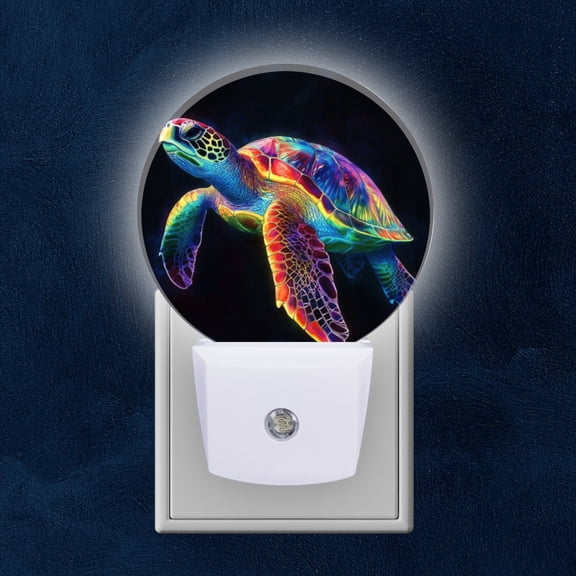 Round LED Night Lights Lamp with Dusk to Dawn Sensor, Colorful Turtle On Black Background Night Light Plug Into Wall for Kids Room, Bedroom, Bathroom, Kitchen, Hallway