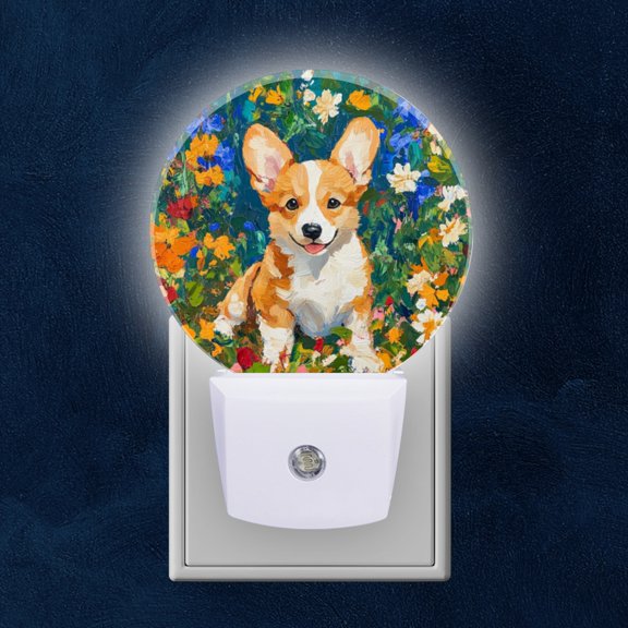 Round LED Night Lights Lamp with Dusk to Dawn Sensor, Corgi Puppy Surrounded By Colorful Blooms Night Light Plug Into Wall for Kids Room, Bedroom, Bathroom, Kitchen, Hallway