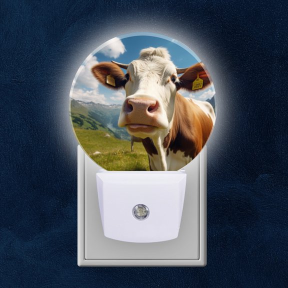 Round LED Night Lights Lamp with Dusk to Dawn Sensor, Cow With Ear Tags In Mountainous Pasture Night Light Plug Into Wall for Kids Room, Bedroom, Bathroom, Kitchen, Hallway