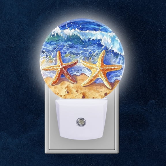 Round LED Night Lights Lamp with Dusk to Dawn Sensor, Creative Funny Starfish Wave Sand Beach Night Light Plug Into Wall for Kids Room, Bedroom, Bathroom, Kitchen, Hallway