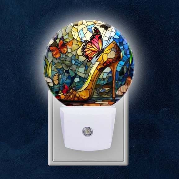 Round LED Night Lights Lamp with Dusk to Dawn Sensor, Creative Shoes High Heel With Butterflies Creative Night Light Plug Into Wall for Kids Room, Bedroom, Bathroom, Kitchen, Hallway