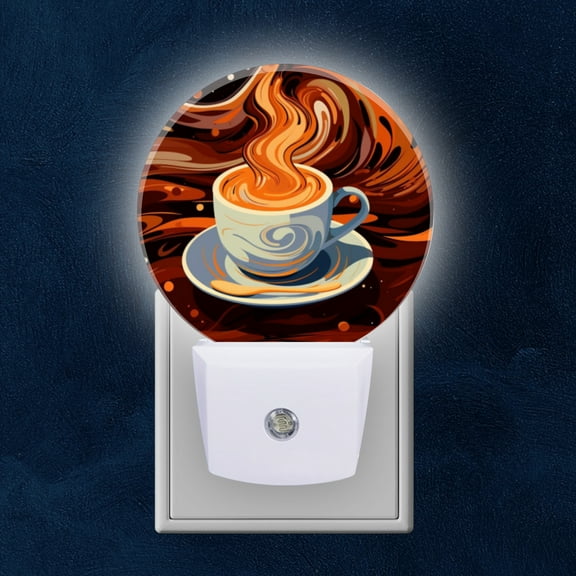 Round LED Night Lights Lamp with Dusk to Dawn Sensor, Cup Of Coffee With Brown And Orange Swirls Night Light Plug Into Wall for Kids Room, Bedroom, Bathroom, Kitchen, Hallway