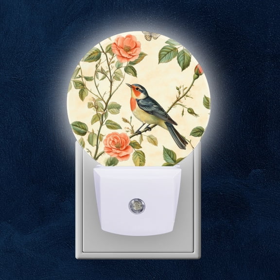 Round LED Night Lights Lamp with Dusk to Dawn Sensor, Cute Bird Perched On Rose Branch Night Light Plug Into Wall for Kids Room, Bedroom, Bathroom, Kitchen, Hallway