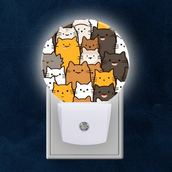 Round LED Night Lights Lamp with Dusk to Dawn Sensor, Cute Cartoon Cat Seamless Pattern Simple Flat Illustration Night Light Plug Into Wall for Kids Room, Bedroom, Bathroom, Kitchen, Hallway