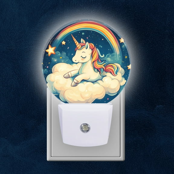 Round LED Night Lights Lamp with Dusk to Dawn Sensor, Cute Illustration Of Unicorn On Cloud Night Light Plug Into Wall for Kids Room, Bedroom, Bathroom, Kitchen, Hallway