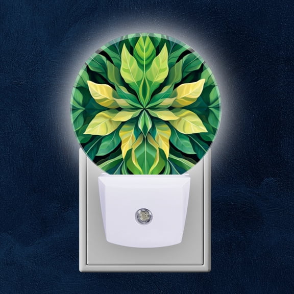 Round LED Night Lights Lamp with Dusk to Dawn Sensor, Dark Green Leaves Protrude Outward Night Light Plug Into Wall for Kids Room, Bedroom, Bathroom, Kitchen, Hallway