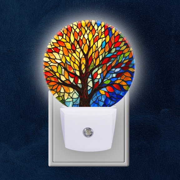 Round LED Night Lights Lamp with Dusk to Dawn Sensor, Dazzling Portrait Of Tree With Chromatic Leaves Night Light Plug Into Wall for Kids Room, Bedroom, Bathroom, Kitchen, Hallway