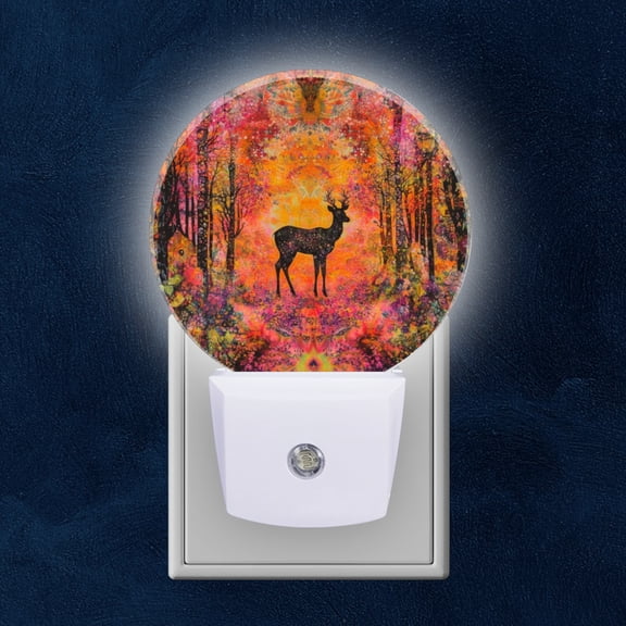 Round LED Night Lights Lamp with Dusk to Dawn Sensor, Deer In Fantastical And Color Filled Forest Night Light Plug Into Wall for Kids Room, Bedroom, Bathroom, Kitchen, Hallway