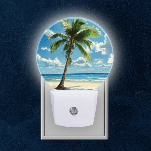 Round LED Night Lights Lamp with Dusk to Dawn Sensor, Design Of Coconut Tree On Tropical Beach Night Light Plug Into Wall for Kids Room, Bedroom, Bathroom, Kitchen, Hallway