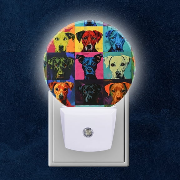 Round LED Night Lights Lamp with Dusk to Dawn Sensor, Dog Expressions Captured In Colorful Pattern Night Light Plug Into Wall for Kids Room, Bedroom, Bathroom, Kitchen, Hallway