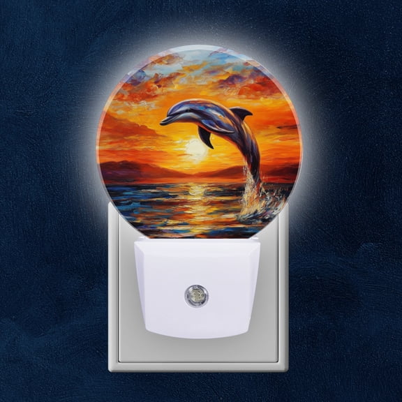 Round LED Night Lights Lamp with Dusk to Dawn Sensor, Dolphin Jumped Out Of Sea In Evening Night Light Plug Into Wall for Kids Room, Bedroom, Bathroom, Kitchen, Hallway