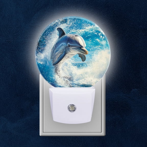 Round LED Night Lights Lamp with Dusk to Dawn Sensor, Dolphin Leaping Gracefully Through The Waves Night Light Plug Into Wall for Kids Room, Bedroom, Bathroom, Kitchen, Hallway
