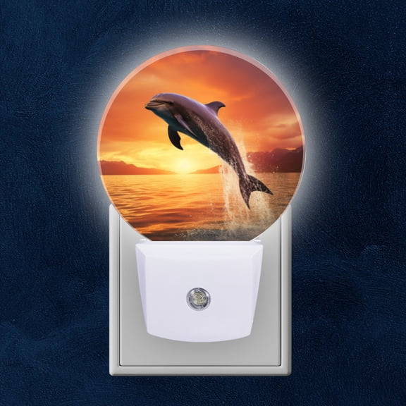 Round LED Night Lights Lamp with Dusk to Dawn Sensor, Dolphin Leaping Out Of The Water At Sunset Night Light Plug Into Wall for Kids Room, Bedroom, Bathroom, Kitchen, Hallway