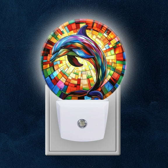 Round LED Night Lights Lamp with Dusk to Dawn Sensor, Dolphin In Stained Glass Themed Artwork Night Light Plug Into Wall for Kids Room, Bedroom, Bathroom, Kitchen, Hallway