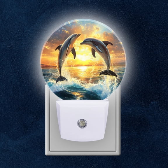 Round LED Night Lights Lamp with Dusk to Dawn Sensor, Dolphins Leaping In Sunset Lit Ocean Night Light Plug Into Wall for Kids Room, Bedroom, Bathroom, Kitchen, Hallway
