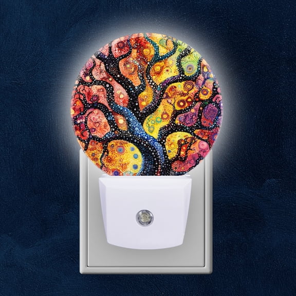 Round LED Night Lights Lamp with Dusk to Dawn Sensor, Dot Painted Tree With Multicolored Sections Night Light Plug Into Wall for Kids Room, Bedroom, Bathroom, Kitchen, Hallway