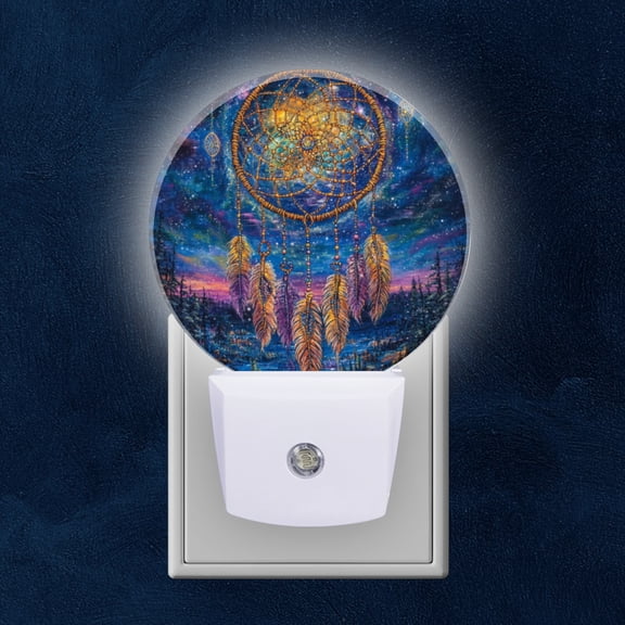 Round LED Night Lights Lamp with Dusk to Dawn Sensor, Dreamcatcher Against Cosmic Forest Nightscape Night Light Plug Into Wall for Kids Room, Bedroom, Bathroom, Kitchen, Hallway