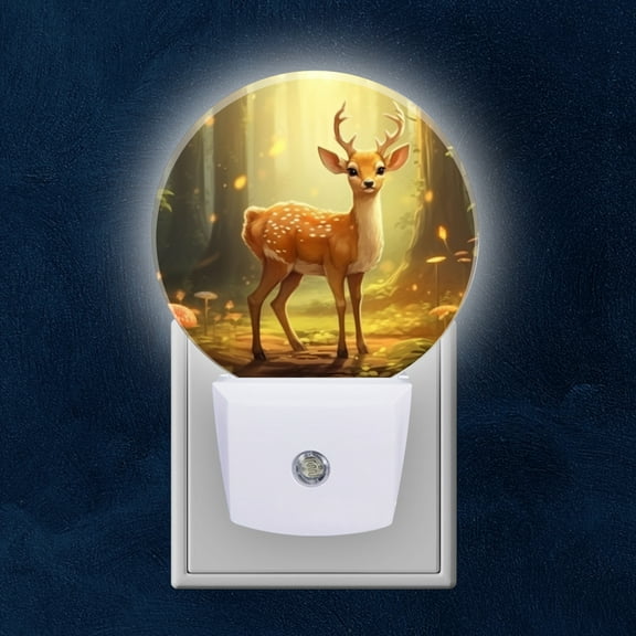 Round LED Night Lights Lamp with Dusk to Dawn Sensor, Dreamy Fawn In Sunlit Enchanted Forest Night Light Plug Into Wall for Kids Room, Bedroom, Bathroom, Kitchen, Hallway