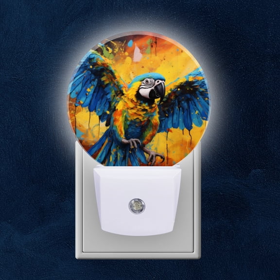 Round LED Night Lights Lamp with Dusk to Dawn Sensor, Dynamic Macaw With Spread Wings In Splashed Background Night Light Plug Into Wall for Kids Room, Bedroom, Bathroom, Kitchen, Hallway