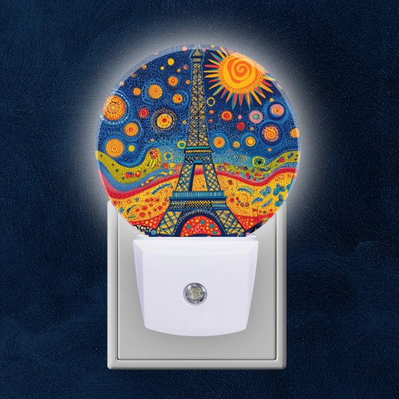 Round LED Night Lights Lamp with Dusk to Dawn Sensor, Eiffel Tower Against Blue Background With Whimsical Dots Night Light Plug Into Wall for Kids Room, Bedroom, Bathroom, Kitchen, Hallway