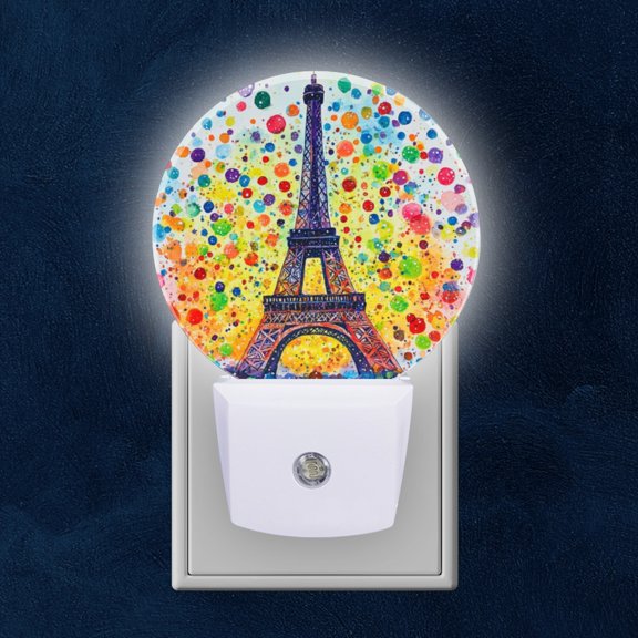 Round LED Night Lights Lamp with Dusk to Dawn Sensor, Eiffel Tower Draped In Rainbow Of Dots Night Light Plug Into Wall for Kids Room, Bedroom, Bathroom, Kitchen, Hallway