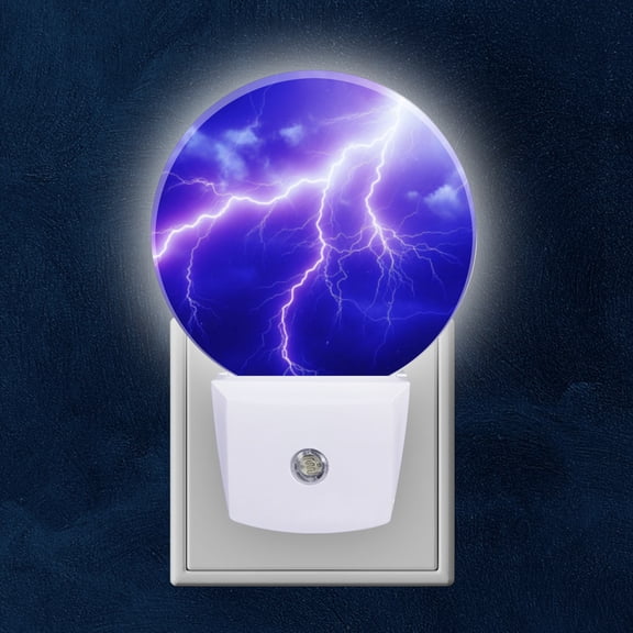 Round LED Night Lights Lamp with Dusk to Dawn Sensor, Electric Blue Lightning Streaking Across The Sky Night Light Plug Into Wall for Kids Room, Bedroom, Bathroom, Kitchen, Hallway