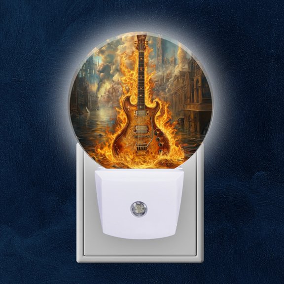 Round LED Night Lights Lamp with Dusk to Dawn Sensor, Electric Guitar Enveloped In Flames Against Gothic Cityscape Night Light Plug Into Wall for Kids Room, Bedroom, Bathroom, Kitchen, Hallway