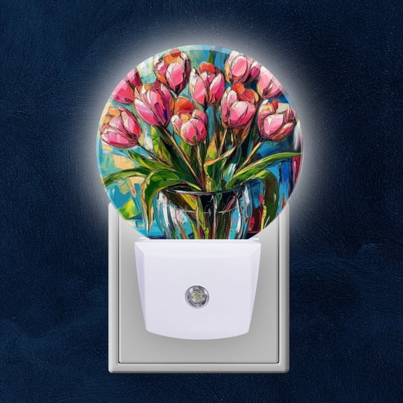 Round LED Night Lights Lamp with Dusk to Dawn Sensor, Elegance Of Pink Tulips In Glass Vase Night Light Plug Into Wall for Kids Room, Bedroom, Bathroom, Kitchen, Hallway