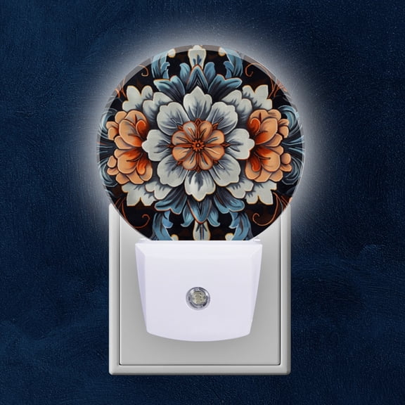 Round LED Night Lights Lamp with Dusk to Dawn Sensor, Elegant Bloom In The Center Of Decorative Pattern Night Light Plug Into Wall for Kids Room, Bedroom, Bathroom, Kitchen, Hallway