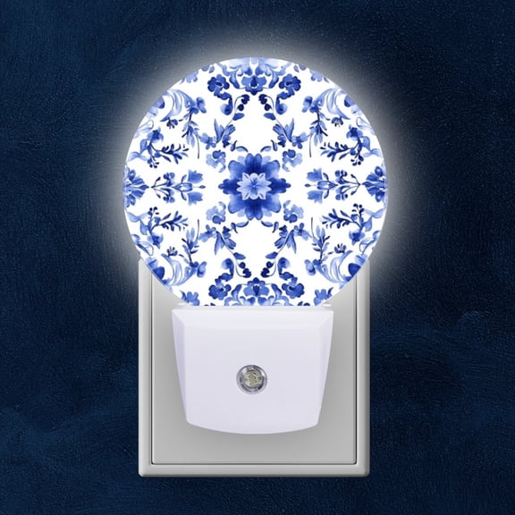 Round LED Night Lights Lamp with Dusk to Dawn Sensor, Elegant Blue And White Floral Tapestry Night Light Plug Into Wall for Kids Room, Bedroom, Bathroom, Kitchen, Hallway