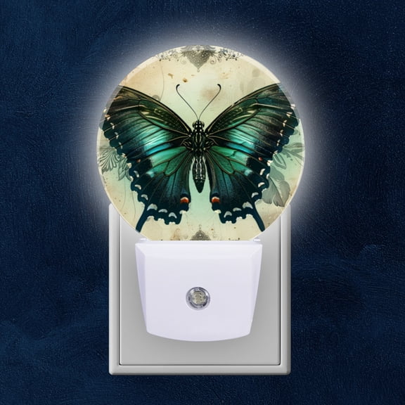 Round LED Night Lights Lamp with Dusk to Dawn Sensor, Emerald Butterfly On Vintage Styled Background Night Light Plug Into Wall for Kids Room, Bedroom, Bathroom, Kitchen, Hallway