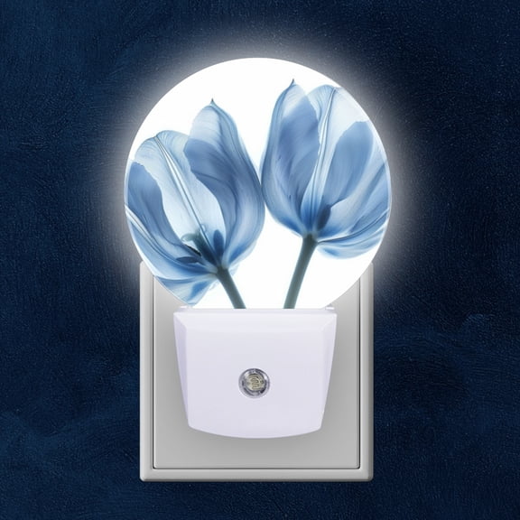 Round LED Night Lights Lamp with Dusk to Dawn Sensor, Enchanting Blue Tulips Against White Canvas Night Light Plug Into Wall for Kids Room, Bedroom, Bathroom, Kitchen, Hallway