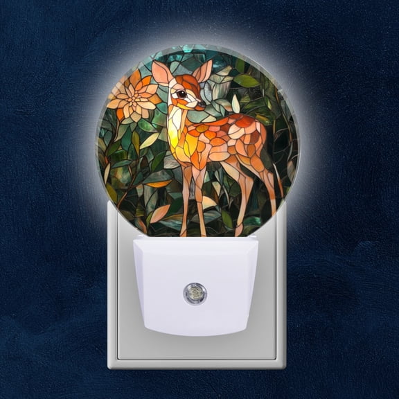 Round LED Night Lights Lamp with Dusk to Dawn Sensor, Enchanting Fawn In Forest Night Light Plug Into Wall for Kids Room, Bedroom, Bathroom, Kitchen, Hallway