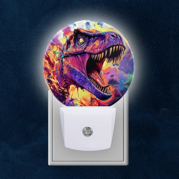 Round LED Night Lights Lamp with Dusk to Dawn Sensor, Energetic Lightning Dinosaur In Color Night Light Plug Into Wall for Kids Room, Bedroom, Bathroom, Kitchen, Hallway