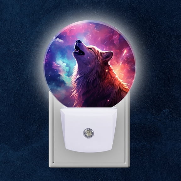 Round LED Night Lights Lamp with Dusk to Dawn Sensor, Epic Wolf Howling In The Sky Galaxy Night Light Plug Into Wall for Kids Room, Bedroom, Bathroom, Kitchen, Hallway