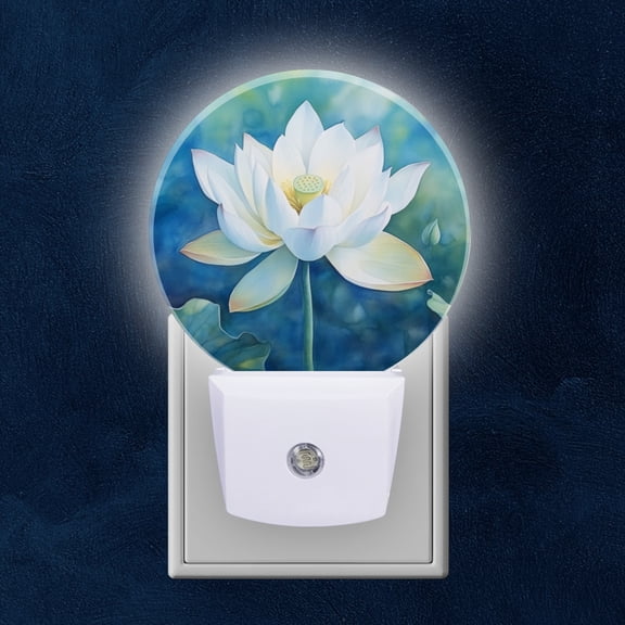 Round LED Night Lights Lamp with Dusk to Dawn Sensor, Ethereal White Lotus In Blue Hues Night Light Plug Into Wall for Kids Room, Bedroom, Bathroom, Kitchen, Hallway