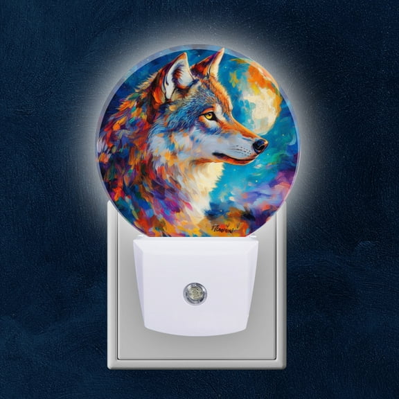 Round LED Night Lights Lamp with Dusk to Dawn Sensor, Expressionist Style Wolf With Lunar Background Night Light Plug Into Wall for Kids Room, Bedroom, Bathroom, Kitchen, Hallway