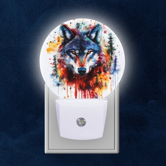 Round LED Night Lights Lamp with Dusk to Dawn Sensor, Exquisite Inked - Effect Wolf Night Light Plug Into Wall for Kids Room, Bedroom, Bathroom, Kitchen, Hallway