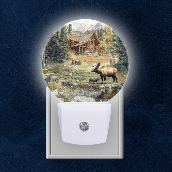 Round LED Night Lights Lamp with Dusk to Dawn Sensor, Exquisite Rustic Lodge With Bear Night Light Plug Into Wall for Kids Room, Bedroom, Bathroom, Kitchen, Hallway