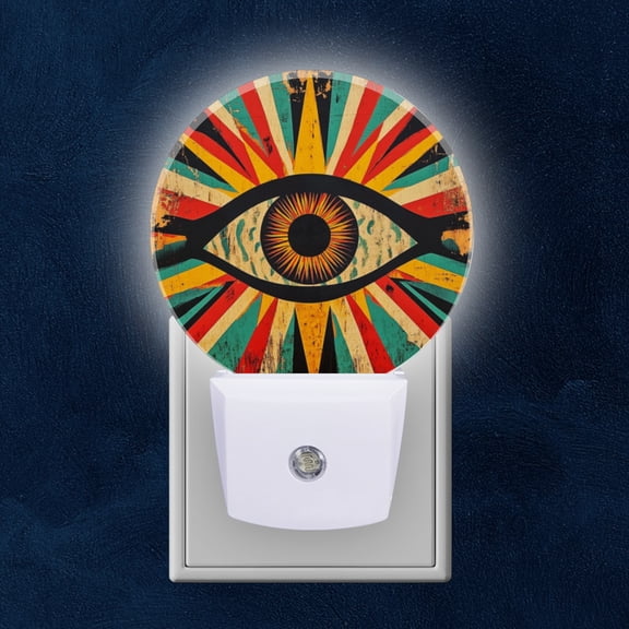 Round LED Night Lights Lamp with Dusk to Dawn Sensor, Eye Icon With Colorful Sunburst Patterns Night Light Plug Into Wall for Kids Room, Bedroom, Bathroom, Kitchen, Hallway