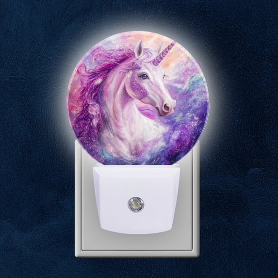 Round LED Night Lights Lamp with Dusk to Dawn Sensor, Fantasy Style Purple Unicorn Night Light Plug Into Wall for Kids Room, Bedroom, Bathroom, Kitchen, Hallway