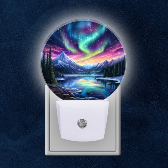 Round LED Night Lights Lamp with Dusk to Dawn Sensor, Featuring The Northern Lights Over Mountains And Forests Night Light Plug Into Wall for Kids Room, Bedroom, Bathroom, Kitchen, Hallway