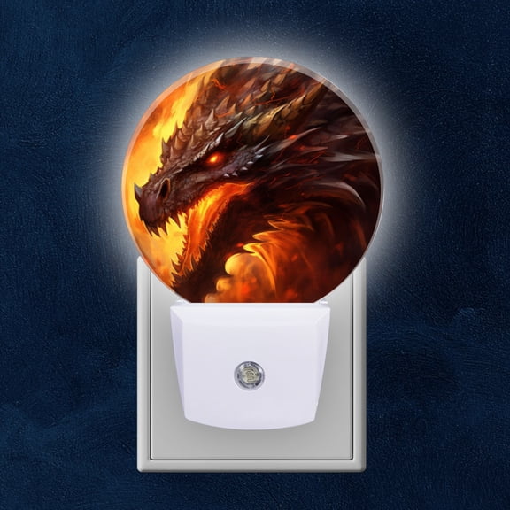 Round LED Night Lights Lamp with Dusk to Dawn Sensor, Fierce Dragon With Sharp Teeth And Glowing Eyes Night Light Plug Into Wall for Kids Room, Bedroom, Bathroom, Kitchen, Hallway