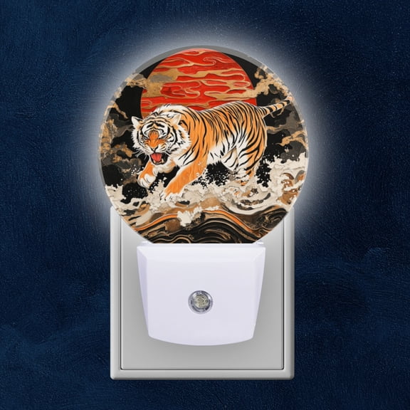Round LED Night Lights Lamp with Dusk to Dawn Sensor, Fierce Tiger Charging Through The Waves Night Light Plug Into Wall for Kids Room, Bedroom, Bathroom, Kitchen, Hallway