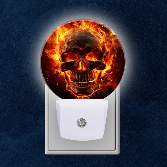 Round LED Night Lights Lamp with Dusk to Dawn Sensor, Flaming Skull With Fiery Texture And Burning Flames Night Light Plug Into Wall for Kids Room, Bedroom, Bathroom, Kitchen, Hallway