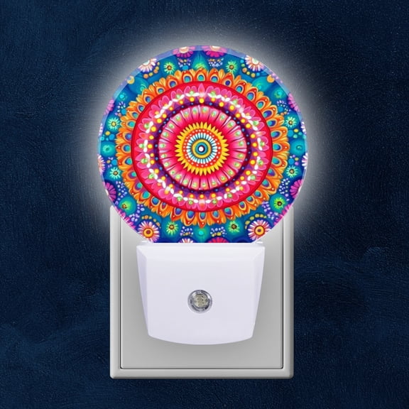 Round LED Night Lights Lamp with Dusk to Dawn Sensor, Floral Harmony Within The Circular Mandala Night Light Plug Into Wall for Kids Room, Bedroom, Bathroom, Kitchen, Hallway