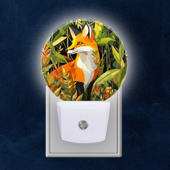 Round LED Night Lights Lamp with Dusk to Dawn Sensor, Fox In Geometric Styled Plant World Night Light Plug Into Wall for Kids Room, Bedroom, Bathroom, Kitchen, Hallway