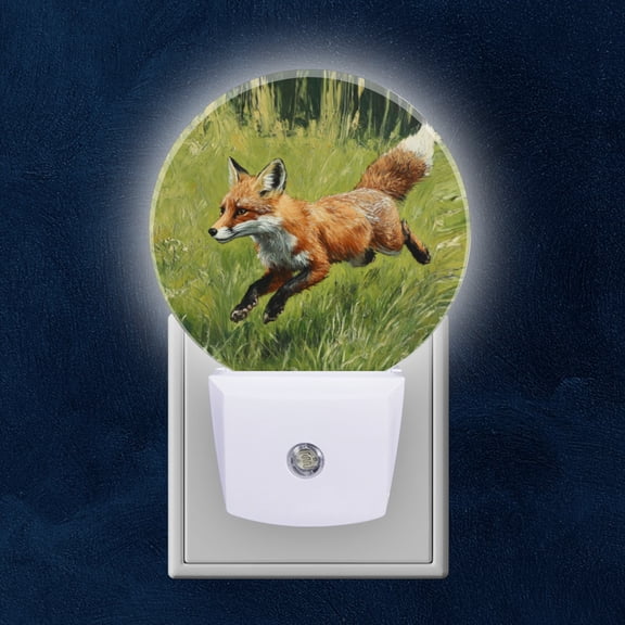 Round LED Night Lights Lamp with Dusk to Dawn Sensor, Fox In Lively Meadow Scene Night Light Plug Into Wall for Kids Room, Bedroom, Bathroom, Kitchen, Hallway