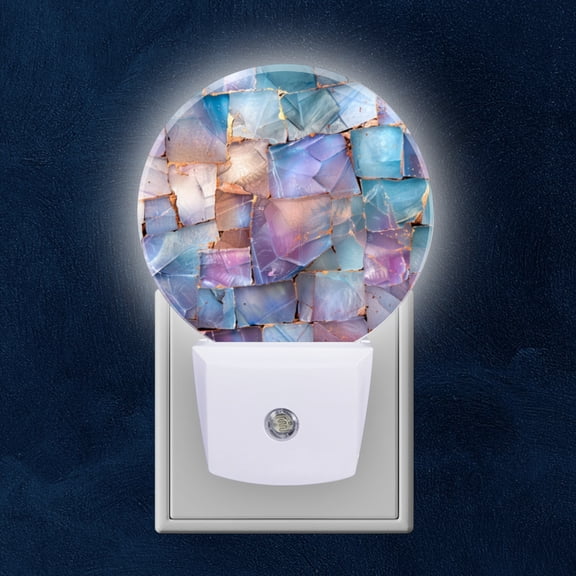 Round LED Night Lights Lamp with Dusk to Dawn Sensor, Fragmented Blue Purple Tiles With Rusty Accents Night Light Plug Into Wall for Kids Room, Bedroom, Bathroom, Kitchen, Hallway