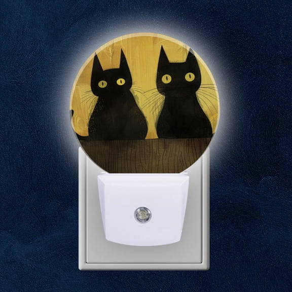 Round LED Night Lights Lamp with Dusk to Dawn Sensor, Golden Canvas With Two Enigmatic Black Felines Night Light Plug Into Wall for Kids Room, Bedroom, Bathroom, Kitchen, Hallway